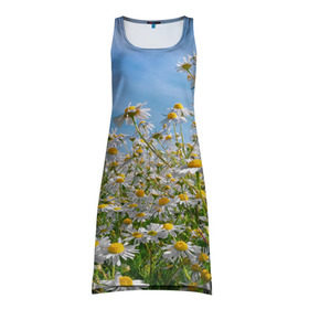Платье-майка 3D с принтом Ромашковый рай в Белгороде, 100% полиэстер | полуприлегающий силуэт, широкие бретели, круглый вырез горловины, удлиненный подол сзади. | Тематика изображения на принте: лепестки | небо | прикольные картинки | ромашки | солнце | цветочки | цветы