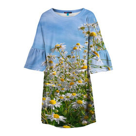 Детское платье 3D с принтом Ромашковый рай в Белгороде, 100% полиэстер | прямой силуэт, чуть расширенный к низу. Круглая горловина, на рукавах — воланы | Тематика изображения на принте: лепестки | небо | прикольные картинки | ромашки | солнце | цветочки | цветы