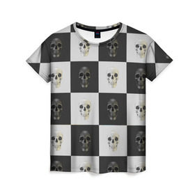 Женская футболка 3D с принтом Skullchess в Белгороде, 100% полиэфир ( синтетическое хлопкоподобное полотно) | прямой крой, круглый вырез горловины, длина до линии бедер | хелоуин | череп | черное и белое | шахматы