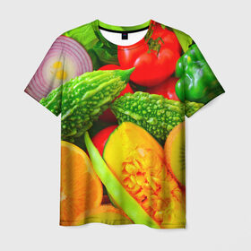 Мужская футболка 3D с принтом Овощи в Белгороде, 100% полиэфир | прямой крой, круглый вырез горловины, длина до линии бедер | апельсин | диета | киви | лук | овощ | огурец | помидор