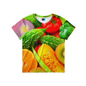 Детская футболка 3D с принтом Овощи в Белгороде, 100% гипоаллергенный полиэфир | прямой крой, круглый вырез горловины, длина до линии бедер, чуть спущенное плечо, ткань немного тянется | апельсин | диета | киви | лук | овощ | огурец | помидор