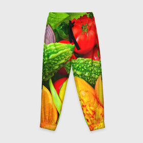 Детские брюки 3D с принтом Овощи в Белгороде, 100% полиэстер | манжеты по низу, эластичный пояс регулируется шнурком, по бокам два кармана без застежек, внутренняя часть кармана из мелкой сетки | апельсин | диета | киви | лук | овощ | огурец | помидор