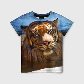 Детская футболка 3D с принтом Тигр в Белгороде, 100% гипоаллергенный полиэфир | прямой крой, круглый вырез горловины, длина до линии бедер, чуть спущенное плечо, ткань немного тянется | Тематика изображения на принте: вода | дикая кошка | природа | тигр | хищник