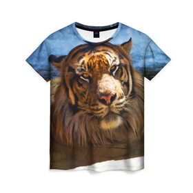 Женская футболка 3D с принтом Тигр в Белгороде, 100% полиэфир ( синтетическое хлопкоподобное полотно) | прямой крой, круглый вырез горловины, длина до линии бедер | вода | дикая кошка | природа | тигр | хищник