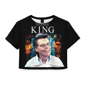 Женская футболка 3D укороченная с принтом Стивен Кинг - Король ужасов в Белгороде, 100% полиэстер | круглая горловина, длина футболки до линии талии, рукава с отворотами | Тематика изображения на принте: король ужасов | писатель | триллер | ужасы