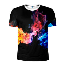 Мужская футболка 3D спортивная с принтом Битва огней в Белгороде, 100% полиэстер с улучшенными характеристиками | приталенный силуэт, круглая горловина, широкие плечи, сужается к линии бедра | красный | огонь | синий