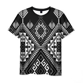 Мужская футболка 3D с принтом Индейские мотивы в Белгороде, 100% полиэфир | прямой крой, круглый вырез горловины, длина до линии бедер | вышивка | орнамент | свитер | черно белый
