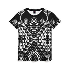 Женская футболка 3D с принтом Индейские мотивы в Белгороде, 100% полиэфир ( синтетическое хлопкоподобное полотно) | прямой крой, круглый вырез горловины, длина до линии бедер | вышивка | орнамент | свитер | черно белый