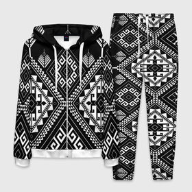 Мужской костюм 3D с принтом Индейские мотивы в Белгороде, 100% полиэстер | Манжеты и пояс оформлены тканевой резинкой, двухслойный капюшон со шнурком для регулировки, карманы спереди | Тематика изображения на принте: вышивка | орнамент | свитер | черно белый