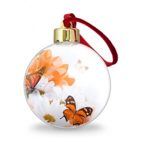 Ёлочный шар с принтом Оранж в Белгороде, Пластик | Диаметр: 77 мм | бабочки | лепестки | оранжевый | цветочки | цветы