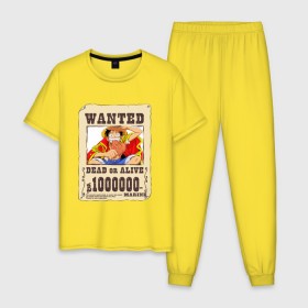 Мужская пижама хлопок с принтом Wanted Luffy в Белгороде, 100% хлопок | брюки и футболка прямого кроя, без карманов, на брюках мягкая резинка на поясе и по низу штанин
 | Тематика изображения на принте: ван пис | луффи | разыскивается