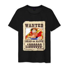 Мужская футболка хлопок с принтом Wanted Luffy в Белгороде, 100% хлопок | прямой крой, круглый вырез горловины, длина до линии бедер, слегка спущенное плечо. | Тематика изображения на принте: ван пис | луффи | разыскивается