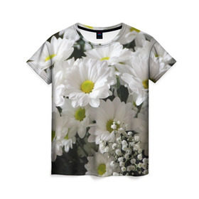Женская футболка 3D с принтом Белоснежное цветение в Белгороде, 100% полиэфир ( синтетическое хлопкоподобное полотно) | прямой крой, круглый вырез горловины, длина до линии бедер | Тематика изображения на принте: ландыши | лепестки | прикольные картинки | ромашки | цветочки | цветы