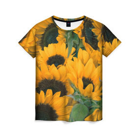 Женская футболка 3D с принтом Подсолнухи в Белгороде, 100% полиэфир ( синтетическое хлопкоподобное полотно) | прямой крой, круглый вырез горловины, длина до линии бедер | Тематика изображения на принте: желтый | зеленый | лето | подсолнухи | цветы | черный