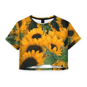 Женская футболка 3D укороченная с принтом Подсолнухи в Белгороде, 100% полиэстер | круглая горловина, длина футболки до линии талии, рукава с отворотами | желтый | зеленый | лето | подсолнухи | цветы | черный