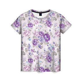 Женская футболка 3D с принтом Цветы ретро 2 в Белгороде, 100% полиэфир ( синтетическое хлопкоподобное полотно) | прямой крой, круглый вырез горловины, длина до линии бедер |   | винтаж | прованс | роза | роспись | узор | цветок | цветы