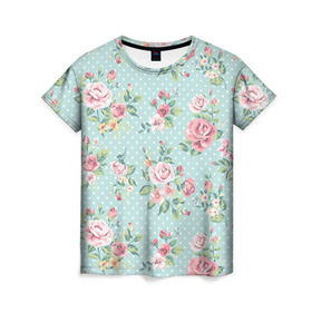 Женская футболка 3D с принтом Цветы ретро 1 в Белгороде, 100% полиэфир ( синтетическое хлопкоподобное полотно) | прямой крой, круглый вырез горловины, длина до линии бедер |   | винтаж | прованс | роза | роспись | узор | цветок | цветы