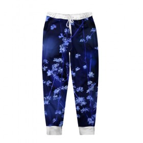 Мужские брюки 3D с принтом Ночные цветы в Белгороде, 100% полиэстер | манжеты по низу, эластичный пояс регулируется шнурком, по бокам два кармана без застежек, внутренняя часть кармана из мелкой сетки | лепестки | ночь | прикольные картинки | синий | цветочки | цветы