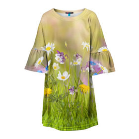 Детское платье 3D с принтом Солнечная нежность в Белгороде, 100% полиэстер | прямой силуэт, чуть расширенный к низу. Круглая горловина, на рукавах — воланы | лепестки | лучи | прикольные картинки | солнце | цветочки | цветы