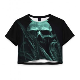 Женская футболка 3D укороченная с принтом Череп на дне в Белгороде, 100% полиэстер | круглая горловина, длина футболки до линии талии, рукава с отворотами | вода | водоросли | дьявол | монстр | прикольные картинки | череп
