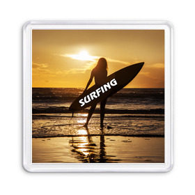 Магнит 55*55 с принтом Surfing в Белгороде, Пластик | Размер: 65*65 мм; Размер печати: 55*55 мм | волна | девушка | море | прикольные картинки | сёрфинг | солнце | спорт | экстрим