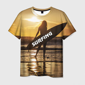 Мужская футболка 3D с принтом Surfing в Белгороде, 100% полиэфир | прямой крой, круглый вырез горловины, длина до линии бедер | волна | девушка | море | прикольные картинки | сёрфинг | солнце | спорт | экстрим