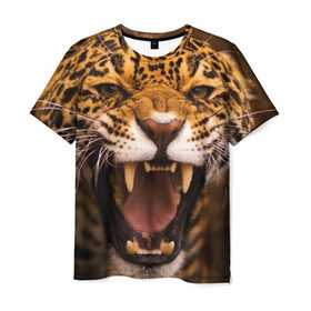 Мужская футболка 3D с принтом Леопард в Белгороде, 100% полиэфир | прямой крой, круглый вырез горловины, длина до линии бедер | Тематика изображения на принте: дикая кошка | клыки | леопард | оскал | хищник