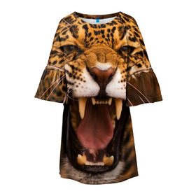 Детское платье 3D с принтом Леопард в Белгороде, 100% полиэстер | прямой силуэт, чуть расширенный к низу. Круглая горловина, на рукавах — воланы | Тематика изображения на принте: дикая кошка | клыки | леопард | оскал | хищник