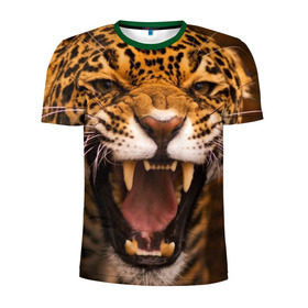 Мужская футболка 3D спортивная с принтом Леопард в Белгороде, 100% полиэстер с улучшенными характеристиками | приталенный силуэт, круглая горловина, широкие плечи, сужается к линии бедра | Тематика изображения на принте: дикая кошка | клыки | леопард | оскал | хищник