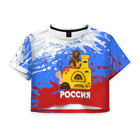 Женская футболка 3D укороченная с принтом Россия. Медведь. Балалайка в Белгороде, 100% полиэстер | круглая горловина, длина футболки до линии талии, рукава с отворотами | матрешка | печька | россия. медведь. балалайка