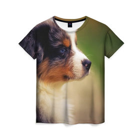 Женская футболка 3D с принтом Aussi в Белгороде, 100% полиэфир ( синтетическое хлопкоподобное полотно) | прямой крой, круглый вырез горловины, длина до линии бедер | австралийская овчарка | животные | пёс | собака | щенок