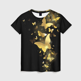 Женская футболка 3D с принтом Золотые бабочки в Белгороде, 100% полиэфир ( синтетическое хлопкоподобное полотно) | прямой крой, круглый вырез горловины, длина до линии бедер | бабочки | девушкам | злато | золото