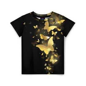 Детская футболка 3D с принтом Золотые бабочки в Белгороде, 100% гипоаллергенный полиэфир | прямой крой, круглый вырез горловины, длина до линии бедер, чуть спущенное плечо, ткань немного тянется | бабочки | девушкам | злато | золото