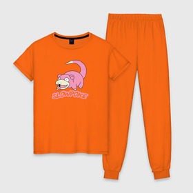 Женская пижама хлопок с принтом Slowpoke в Белгороде, 100% хлопок | брюки и футболка прямого кроя, без карманов, на брюках мягкая резинка на поясе и по низу штанин | pikachu | pokemon | slowpoke | пикачу | покемон | покемоны | слоупок