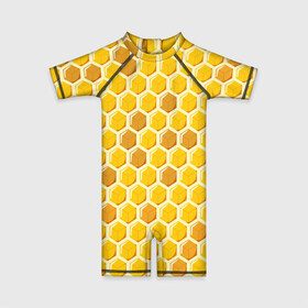 Детский купальный костюм 3D с принтом Медовые соты в Белгороде, Полиэстер 85%, Спандекс 15% | застежка на молнии на спине | арт | еда | мед | пчелы | соты