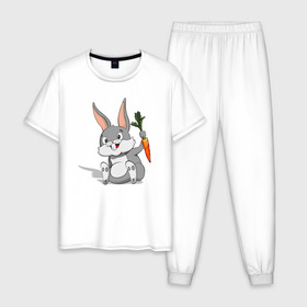 Мужская пижама хлопок с принтом Зайчик в Белгороде, 100% хлопок | брюки и футболка прямого кроя, без карманов, на брюках мягкая резинка на поясе и по низу штанин
 | Тематика изображения на принте: год кролика | зайчик | заяц | кролик | морковь