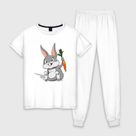 Женская пижама хлопок с принтом Зайчик в Белгороде, 100% хлопок | брюки и футболка прямого кроя, без карманов, на брюках мягкая резинка на поясе и по низу штанин | год кролика | зайчик | заяц | кролик | морковь