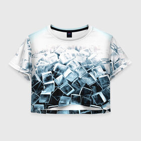 Женская футболка 3D укороченная с принтом Кубики льда в Белгороде, 100% полиэстер | круглая горловина, длина футболки до линии талии, рукава с отворотами | синий