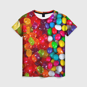 Женская футболка 3D с принтом Вкусняшки в Белгороде, 100% полиэфир ( синтетическое хлопкоподобное полотно) | прямой крой, круглый вырез горловины, длина до линии бедер | вкуснотища | вкусняшки | глазурь | карамельки | конфетки | конфеты | мармеладки | сахар | сладости