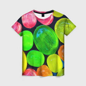 Женская футболка 3D с принтом Карамельки в Белгороде, 100% полиэфир ( синтетическое хлопкоподобное полотно) | прямой крой, круглый вырез горловины, длина до линии бедер | вкусности | вкусняшки | карамельки | конфетки | конфеты | леденцы | сахар | сладости