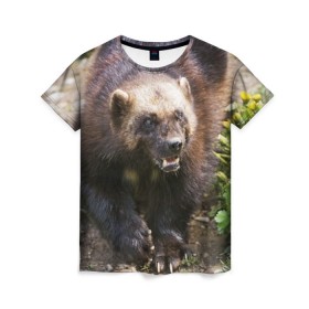 Женская футболка 3D с принтом Росомаха в Белгороде, 100% полиэфир ( синтетическое хлопкоподобное полотно) | прямой крой, круглый вырез горловины, длина до линии бедер | животные | лес | медведи | охота | природа | туризм