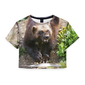 Женская футболка 3D укороченная с принтом Росомаха в Белгороде, 100% полиэстер | круглая горловина, длина футболки до линии талии, рукава с отворотами | животные | лес | медведи | охота | природа | туризм