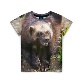 Детская футболка 3D с принтом Росомаха в Белгороде, 100% гипоаллергенный полиэфир | прямой крой, круглый вырез горловины, длина до линии бедер, чуть спущенное плечо, ткань немного тянется | животные | лес | медведи | охота | природа | туризм
