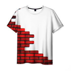 Мужская футболка 3D с принтом Кирпичики в Белгороде, 100% полиэфир | прямой крой, круглый вырез горловины, длина до линии бедер | белый | красный | стена