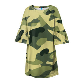 Детское платье 3D с принтом Зелёный камуфляж в Белгороде, 100% полиэстер | прямой силуэт, чуть расширенный к низу. Круглая горловина, на рукавах — воланы | camouflage | green camouflage | зеленый камуфляж | камуфляж