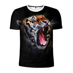 Мужская футболка 3D спортивная с принтом Оскал тигра в Белгороде, 100% полиэстер с улучшенными характеристиками | приталенный силуэт, круглая горловина, широкие плечи, сужается к линии бедра | дикая кошка | пасть | тигр | хищник