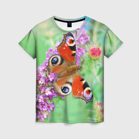 Женская футболка 3D с принтом Прелесть в Белгороде, 100% полиэфир ( синтетическое хлопкоподобное полотно) | прямой крой, круглый вырез горловины, длина до линии бедер | Тематика изображения на принте: бабочка | лепестки | прикольные картинки | природа | цветочки | цветы