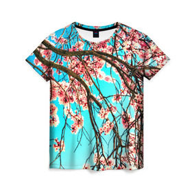 Женская футболка 3D с принтом Сакура в Белгороде, 100% полиэфир ( синтетическое хлопкоподобное полотно) | прямой крой, круглый вырез горловины, длина до линии бедер | весна | вишня | япония