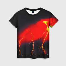 Женская футболка 3D с принтом Гроза в Белгороде, 100% полиэфир ( синтетическое хлопкоподобное полотно) | прямой крой, круглый вырез горловины, длина до линии бедер | красный | молния | ночь | черный