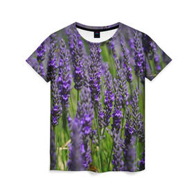 Женская футболка 3D с принтом Лаванда в Белгороде, 100% полиэфир ( синтетическое хлопкоподобное полотно) | прямой крой, круглый вырез горловины, длина до линии бедер | Тематика изображения на принте: зеленый | зелень | лаванда | лето | поле | природа | синий | цветы